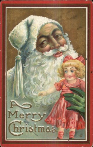Christmas - Santa Claus White Hat & Coat Holding Doll 213a C1910 Postcard