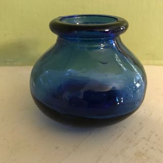 Vintage Cobalt Blue Glass Ink Well Bottle Round 2 " Height