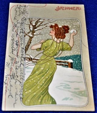 Art Noveau Deco Girl " Jaenner " 1907 Artist Signed Postcard