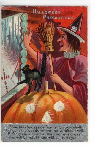 Halloween Precautions - Witch,  Black Cat,  Pumpkin & Bright Eyes - 1909 Postcard