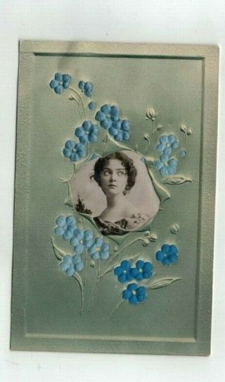 Antique 1907 Post Card Real Silk Blue Flowers & Real Photo Insert Of Lady