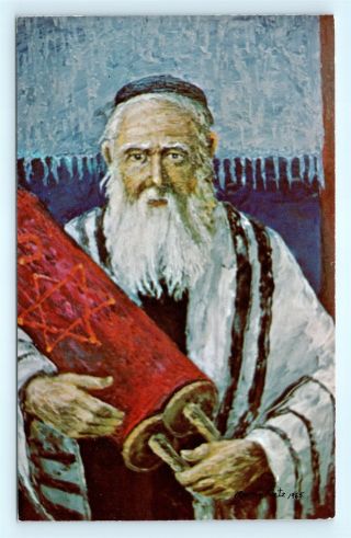 Postcard Morris Katz Jewish Judaica Artist Signed Rabbi And Torah R66