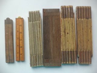 6 Vintage Wooden Folding Measuring Tapes - Interlox (slide),  Lufkin,  Stanley,