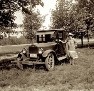 1920s Photo Negative Car Man Dressed As Woman Poses With Automobile In Country