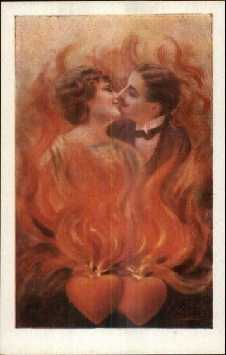Valentine Romance Fantasy Couple In Heart Flames Artist? C1910 Postcard 1