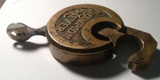Antique Miller Lock Co Brass Champion 6 Lever Lock Pancake Padlock W/key
