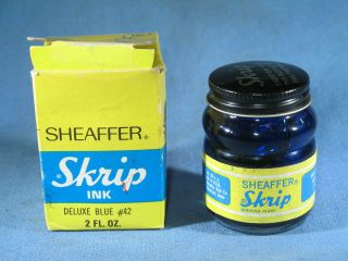 Vintage Sheaffer Skrip Ink 42 Deluxe Blue 2 Oz.  Glass Bottle 1/4 Full And Box