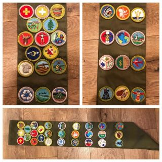 Vintage 1970’s.  ? Boy Scouts Of America Bsa Merit Badge Sash Merit 28 Badges