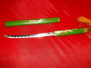 Vintage Japan Samurai Sword Letter Opener Knife Stamped Omor Green Bamboo Sheath