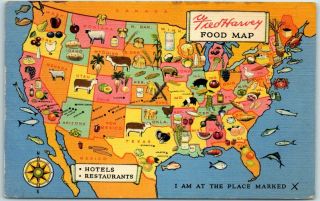 Vintage Santa Fe Railroad Postcard " Fred Harvey Food Map " Roadside Linen C1940s