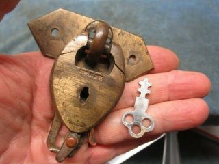 Rare Complete Old Brass Star Crab Padlock Lock.  Hasp.  With A Key.  N/r