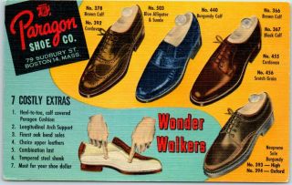 1940s Linen Advertising Postcard Paragon Shoe Co.  " Wonder Walkers " Boston Ma