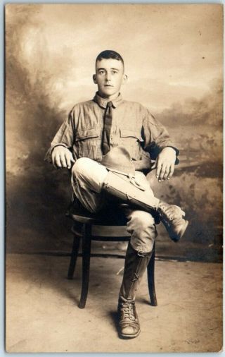 Wwi Rppc Real Photo Postcard Young Soldier In Uniform,  Studio Portrait C1910s