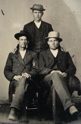 Antique American Three Young Men Seated Hats Tintype Photo