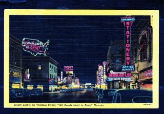 Reno,  Nv.  Busy Virginia Street At Night.  Signs/cars.  1940s Postcard.  794h