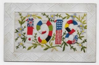 1918 Wwi Remembrance Silk Embroidery Usa Uk & Japan Flags Post Card 3039