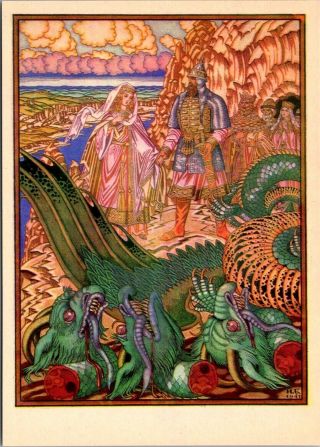 Vintage Art Postcard Ivan Bilibin Russian Fairy Tale Art Nouveau Dobrynia Dragon