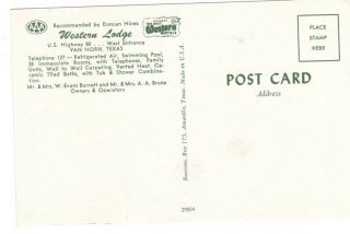 Best Western Lodge Hwy 80 Van Horn Texas AAA Duncan Hines 1950s Buick Postcard 2