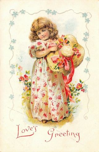 Victorian Valentine Little Girl In White Pink Rose Dress Flower Hat 1905 Pc