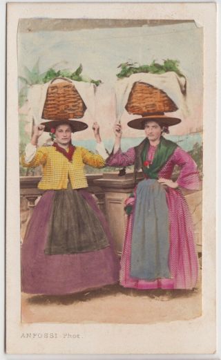 France Cdv - Menton,  Women In Local Costume With Baskets On Their Heads By Anfossi