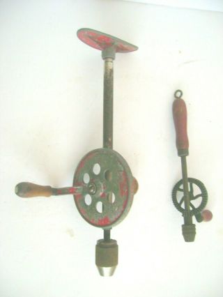 2 Vintage Hand Wood Drills - - One Has Shoulder Rest - Other Red Wooden Handle