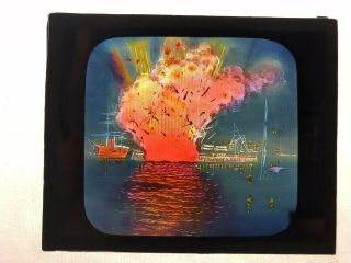 Antique Magic Lantern Glass Ship Explosion Civil War Era Colorized