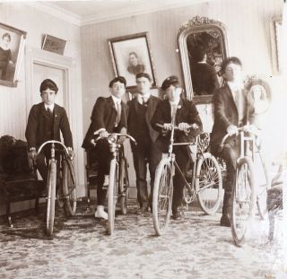 1900’s Antique Cabinet Card Photo 5 Boys With Bicycles In Parlor