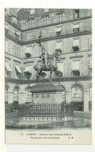 C1910 Postcard: Paris,  France – Statue Of Joan Of Arc & The Hotel Regina