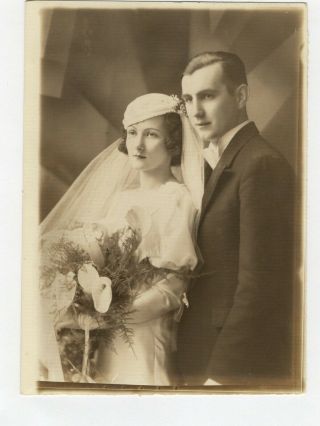Vtg 5x7 Photo Antique Art Deco Feel Bride & Groom Wedding Portrait