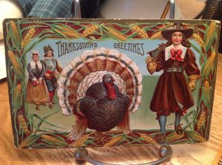 Vintage Thanksgiving Postcard Turkey Standing By Man With Rifle,  Corn Border