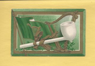 Irish Flag,  Gold Harp,  Clay Pipe Lovely Vintage 1910 St.  Patrick 