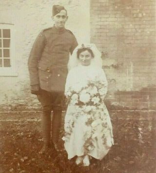 Vintage Wedding Photo On Card Military Man Soldier Wwii Ww2 Era Bride Groom