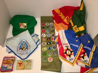 26 1970’s Vintage Boy Scout Merit Badges,  Sash,  24 Merit Cards 1 Hat 6 Bandanas