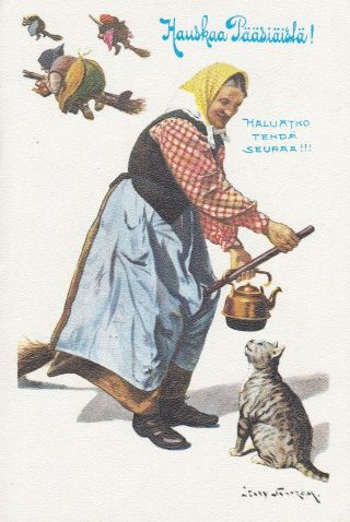 Old Postcard Easter Witch Jenny Nystrom Witch On Broom Cat Tea From Finland
