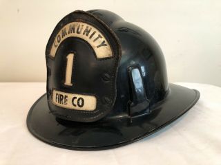Vintage Msa Black Fire Helmet With Leather Badge Community Fire Co.  1
