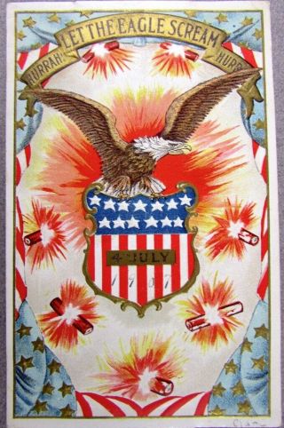 July 4th Embossed Post Card Bald Eagle Patriotic Fireworks 1907