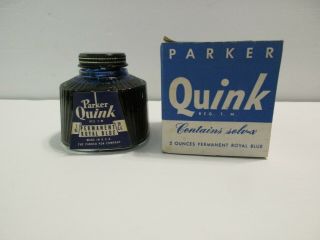 Vintage Parker Ink Quink Permanent Royal Blue Full Bottle Boxed 2 Oz