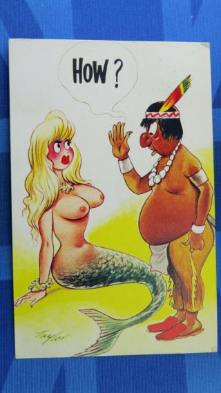 Risque Bamforth Comic Postcard 1970 Big Boobs Mermaid Native American How ?