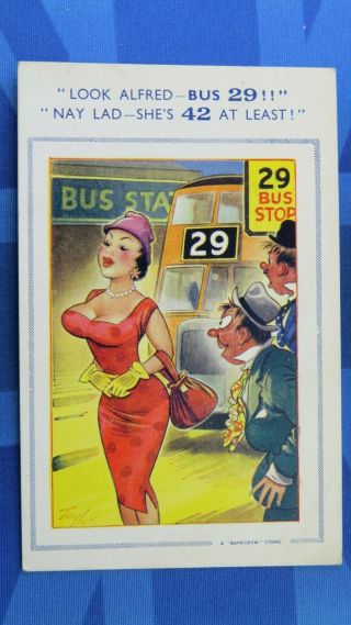 Risque Comic Postcard 1957 Big Boobs Bust Size Double Decker Bus Stop Station