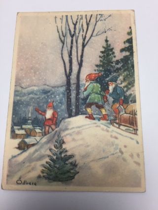 Vintage Swedish Mini Postcard Gnomes Winter Scene Christmas God Jul