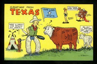 Comic Linen Postcard Texas Lone Artist Dean Cowboy Native American Indian Kropp