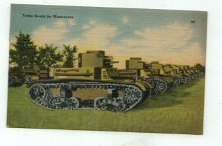 Antique 1942 Military Linen Post Card " Tanks Ready For Maneuvers "