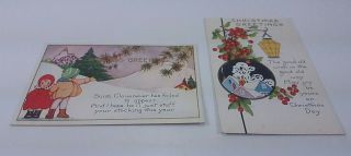 2 Art Deco Whitney Made Christmas Greetings Postcards Lantern Berries Children