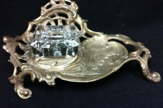 Vintage Brass Inkwell W/ Glass Insert,  Art Deco / Nouveau,  Desk,