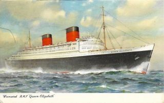 Rms Queen Elizabeth Cunard Line Ocean Liner Ship Boat 1940s Postcard