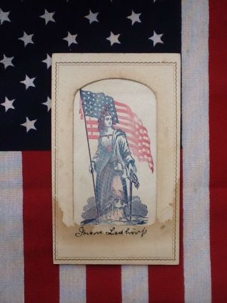 1861 Patriotic Civil War Cdv - Lady Liberty & Old Glory - Rare Color Image - Ny Back 