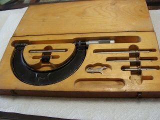 Vintage Brown & Sharpe 0 - 4 " Micrometer In Wooden Box W/attachments