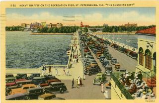 St Petersburg Florida Fl " Traffic On Recreation Pier " Linen Postcard 1945 Cancel
