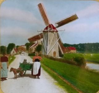 Windmill & Dog Cart On A Dike In The Netherlands,  Magic Lantern Glass Slide