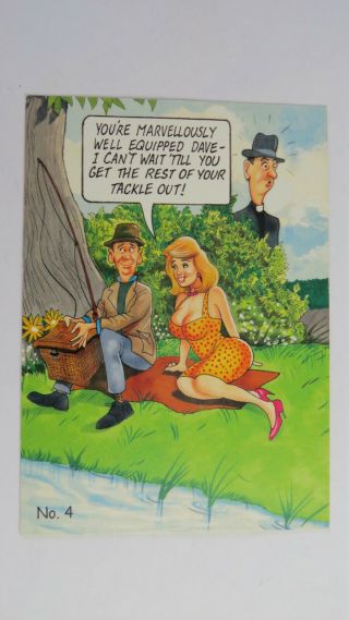 90s Risque Vintage Comic Postcard Big Boobs Dave Fisherman Fishing Tackle Vicar